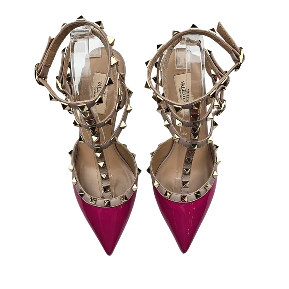 VALENTINO GARAVANI Rockstud 65 Caged Dark Pink Patent Leather Pumps - Picture 3 of 11